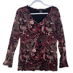 George Womens Paisley V-Neck Long Sleeve Ruffle Cuff Top Burgundy Black M 8/10